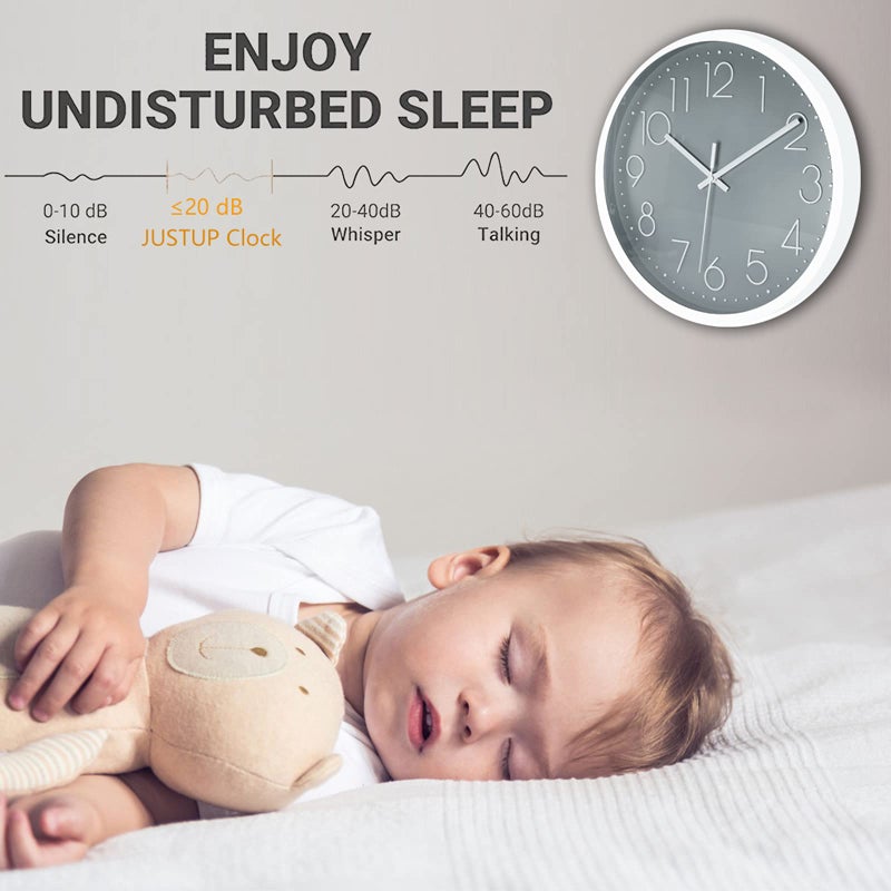 JUSTUP 12in Non-Ticking Wall Clock, Silent Battery Operated Wall Clock with ABS Frame HD Glass Cover for Kids Living Room Bedroom Kitchen School Office Decor (Gray) - Image 2